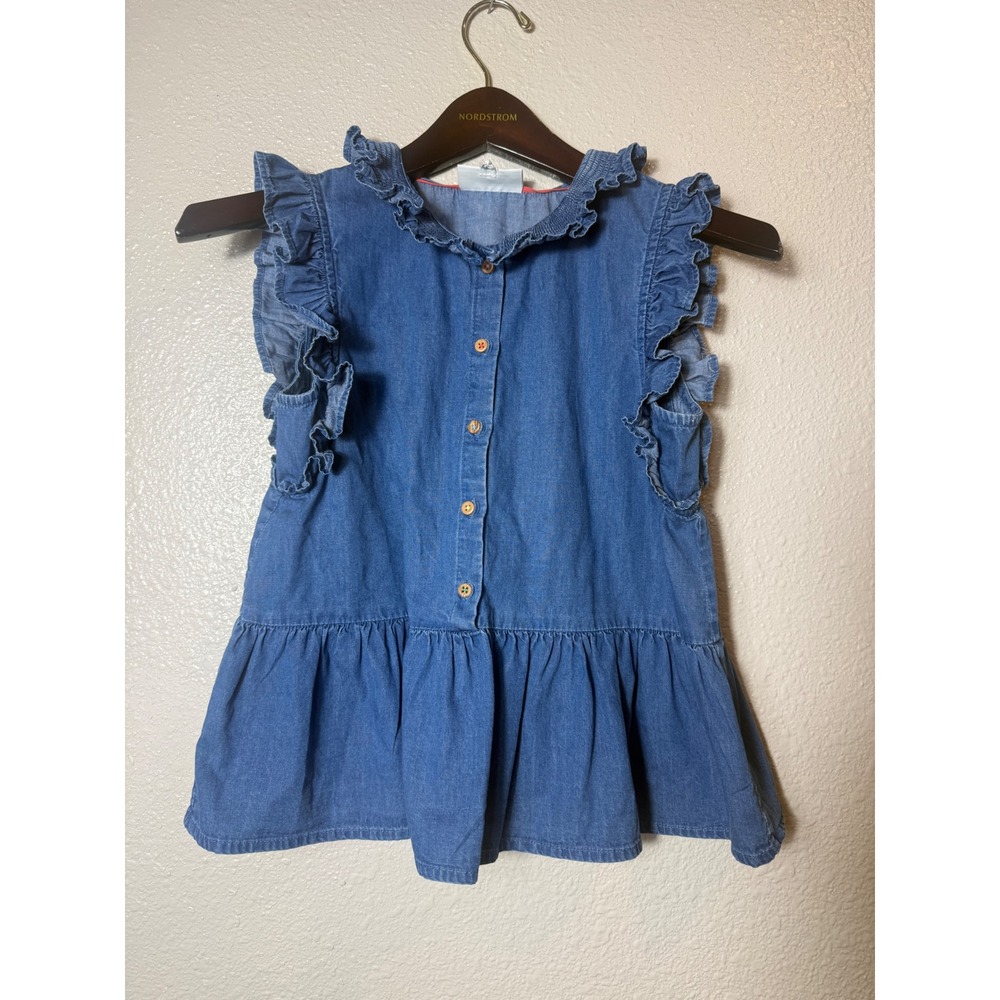 Mini Boden Girls Blue Chambray Ruffle Blouse 100%Cotton Button Front Size 11-12y